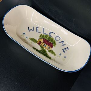 3 NS Guston Los Angeles Pottery Oval Serving Bowl WELCOME Farm House Scene 13.5”